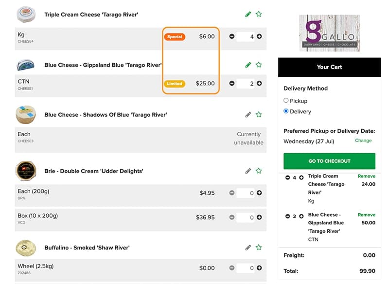 Fresho Food Wholesale Suppliers Guide - Showing Fresho product screen with special tags