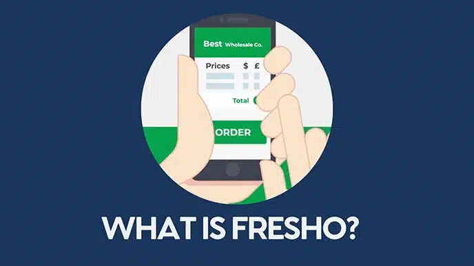 Fresho Software for fresh food wholesale suppliers and their customers - What is Fresho cover image showing an illustrated user holding a phone with the Fresho app on.